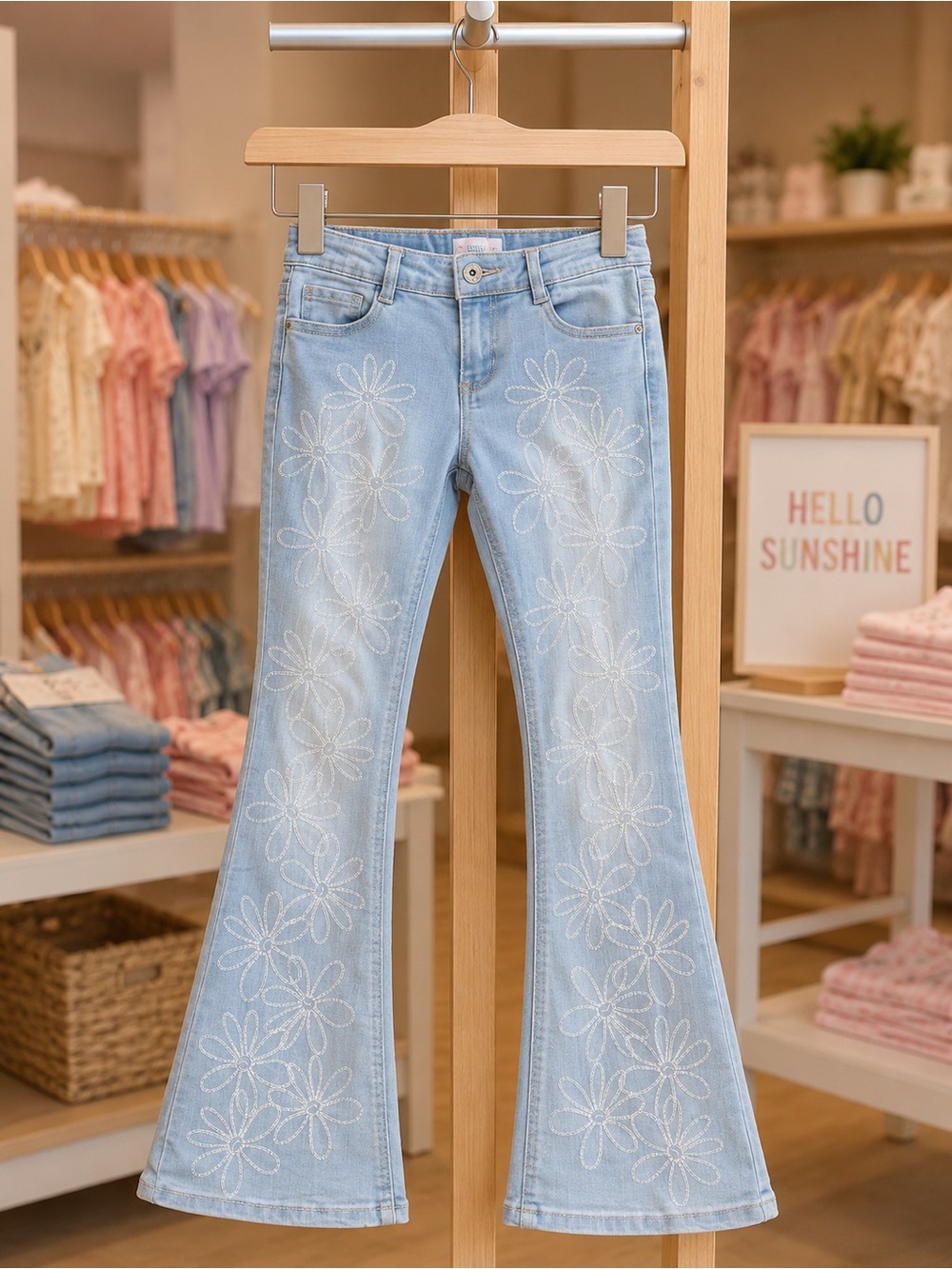 Girls' Light Blue Floral Embroidered Flared Jeans